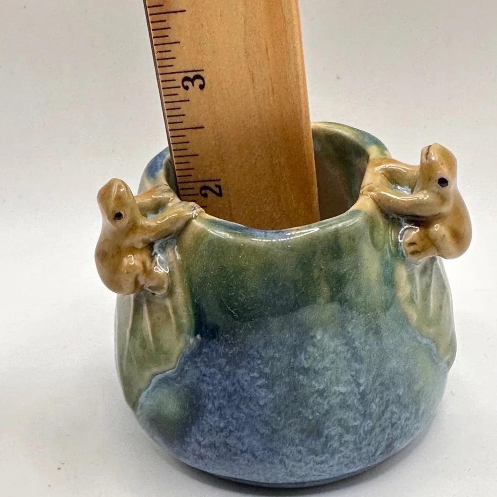 Studio Pottery Frog Vessel Blue Green Drip Glaze Signed Handmade Art Pottery